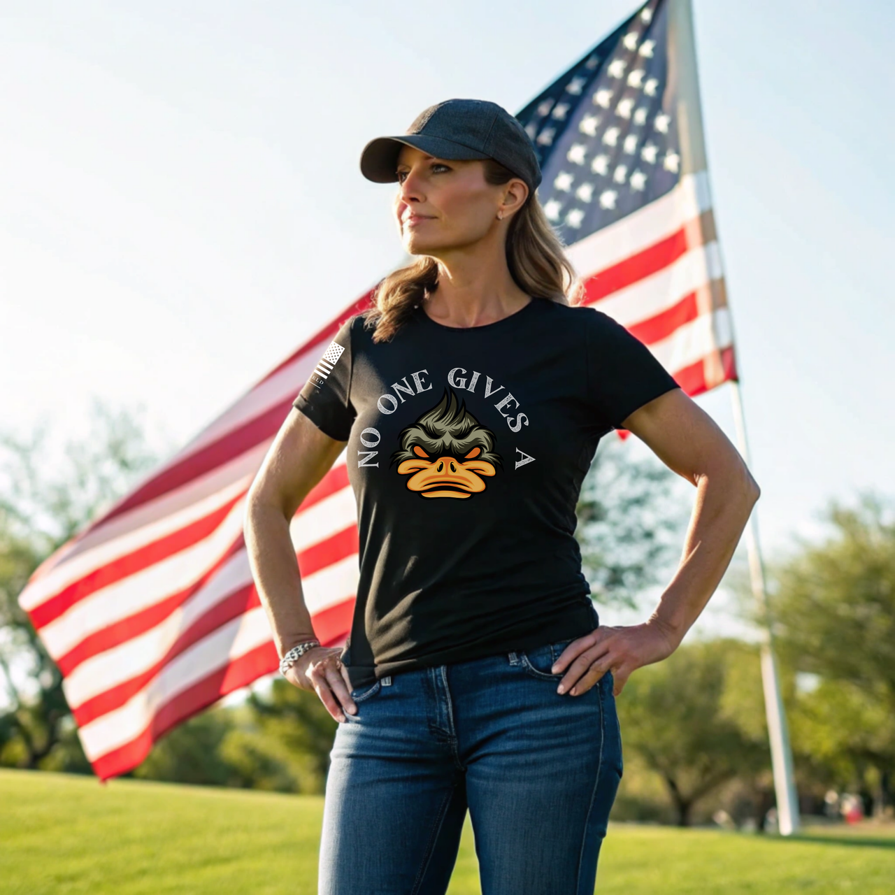Stylish women’s patriotic T-shirt with No One Gives a Duck design