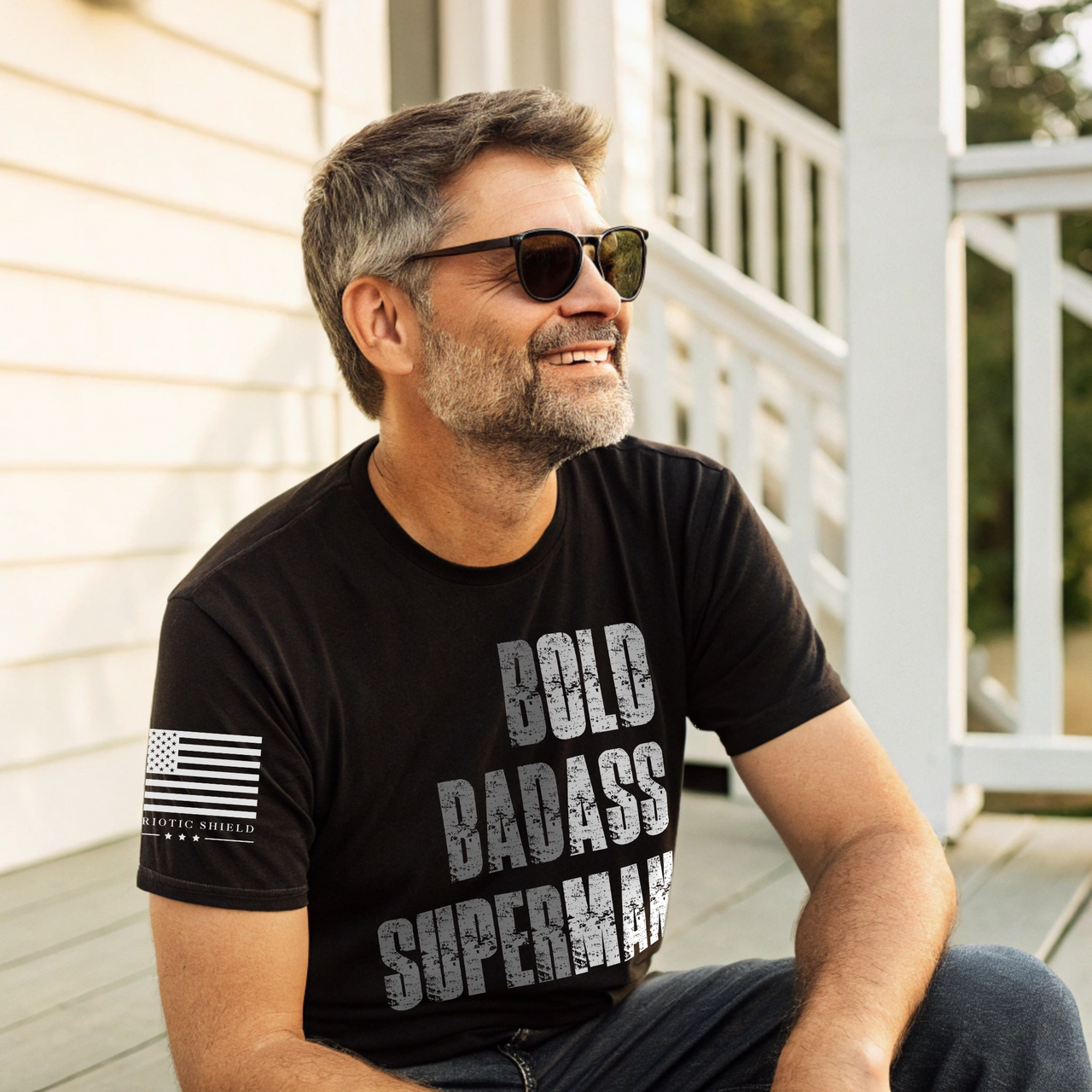 Bold and funny t-shirt for aging superhero patriotic dads