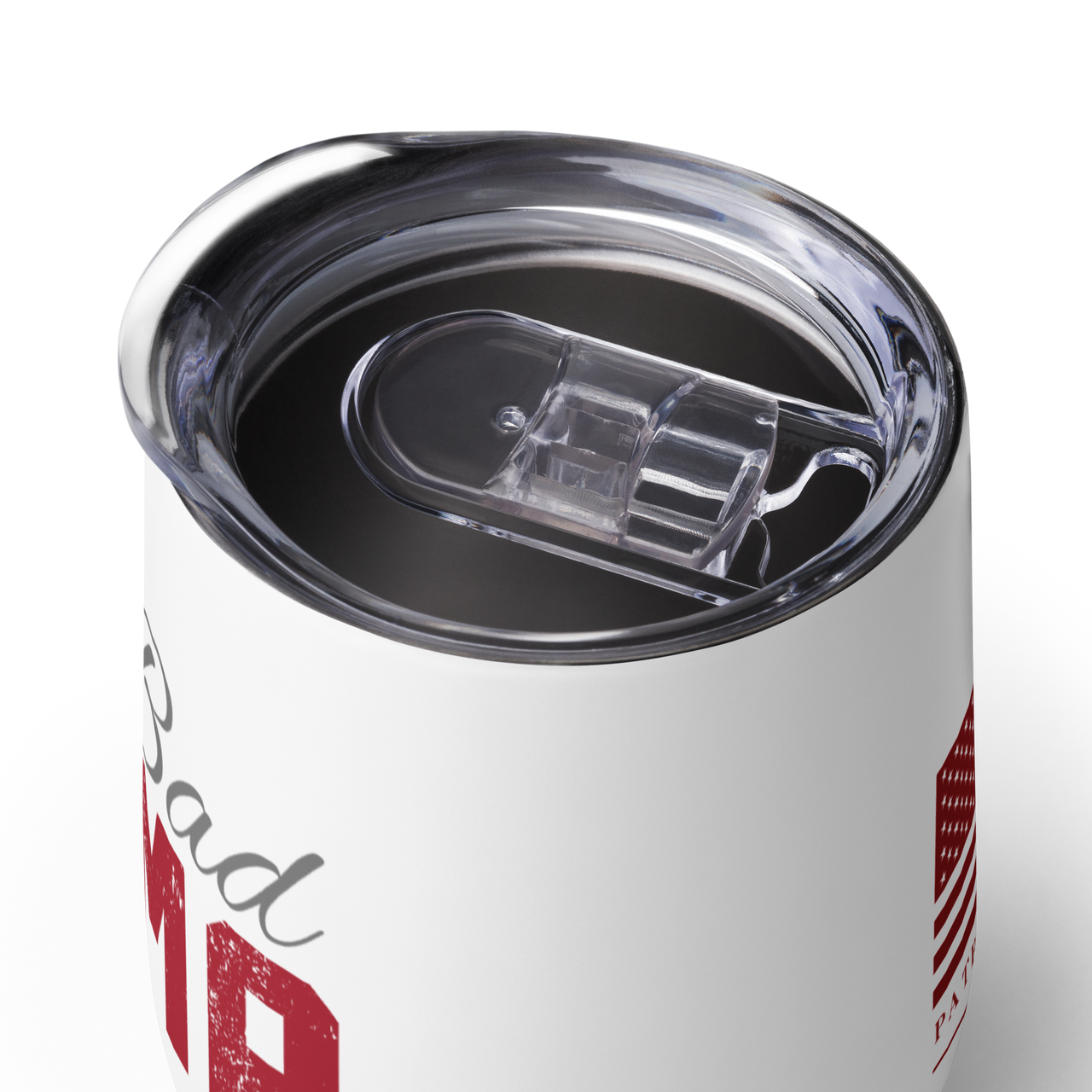 Close-up of One Bad Mama tumbler with spill-proof lid for confident mothers who love America
