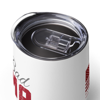 Close-up of One Bad Mama tumbler with spill-proof lid for confident mothers who love America