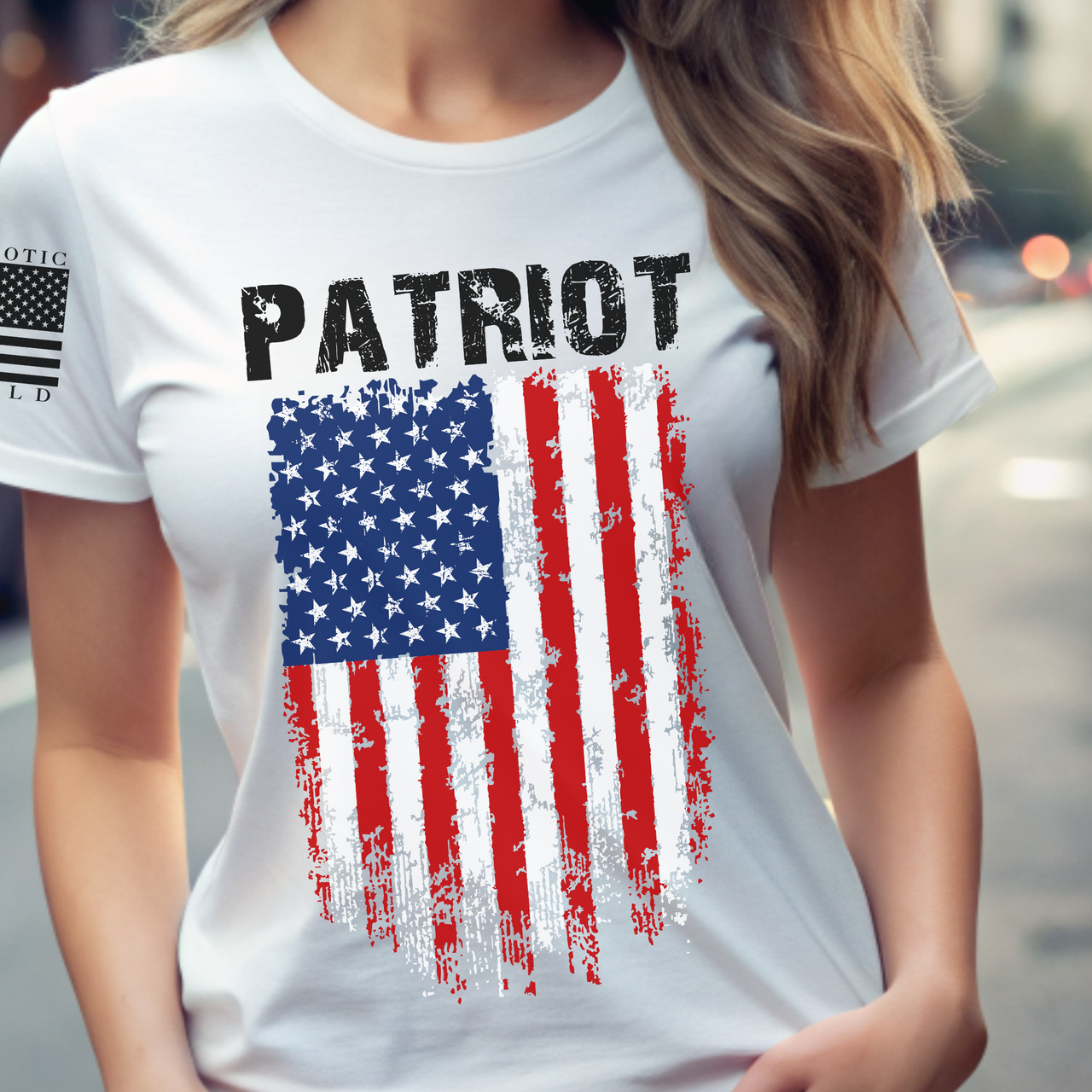 Close-up of American Patriot print on women’s T-shirt