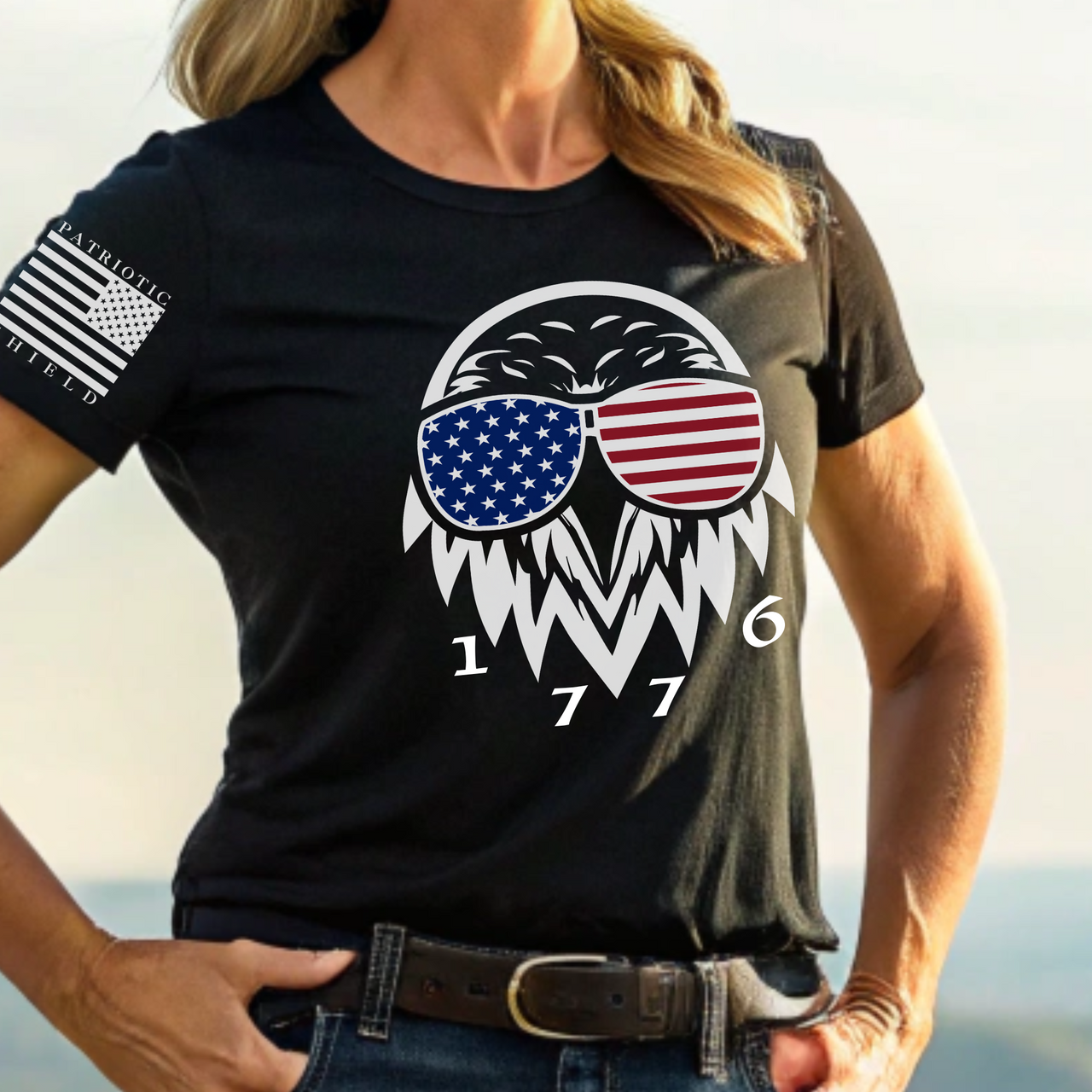 Close-up of Patriot Eagle 1776 design on comfy women’s patriotic T-shirt