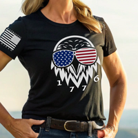 Thumbnail for Close-up of Patriot Eagle 1776 design on comfy women’s patriotic T-shirt