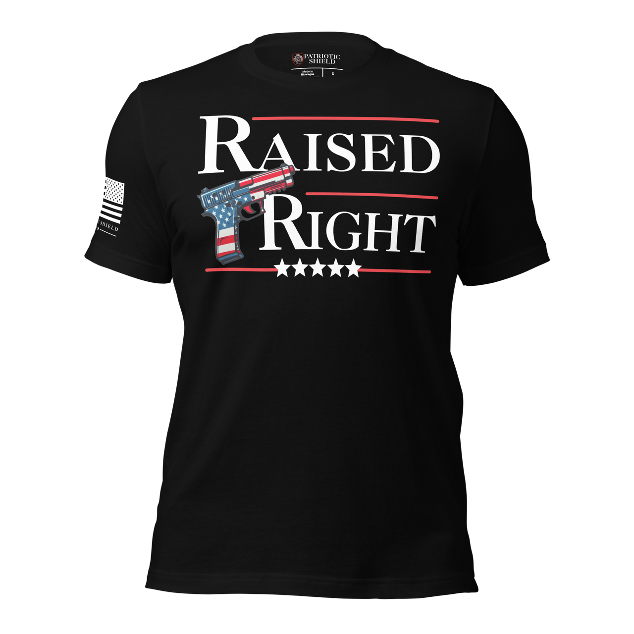 Raised Right t-shirt gun rights American values. lack