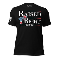 Raised Right t-shirt gun rights American values. lack
