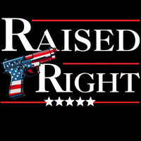 Gun with American flag design and 'Raised Right' text on a black background