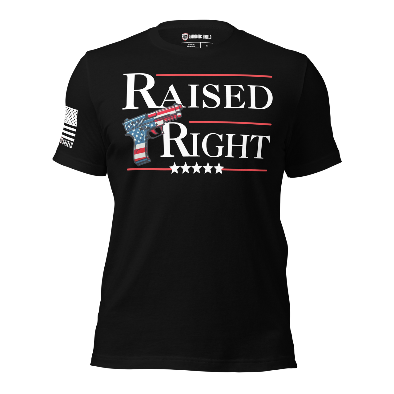 Raised Right t-shirt gun rights American values. black