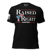 Raised Right t-shirt gun rights American values. black