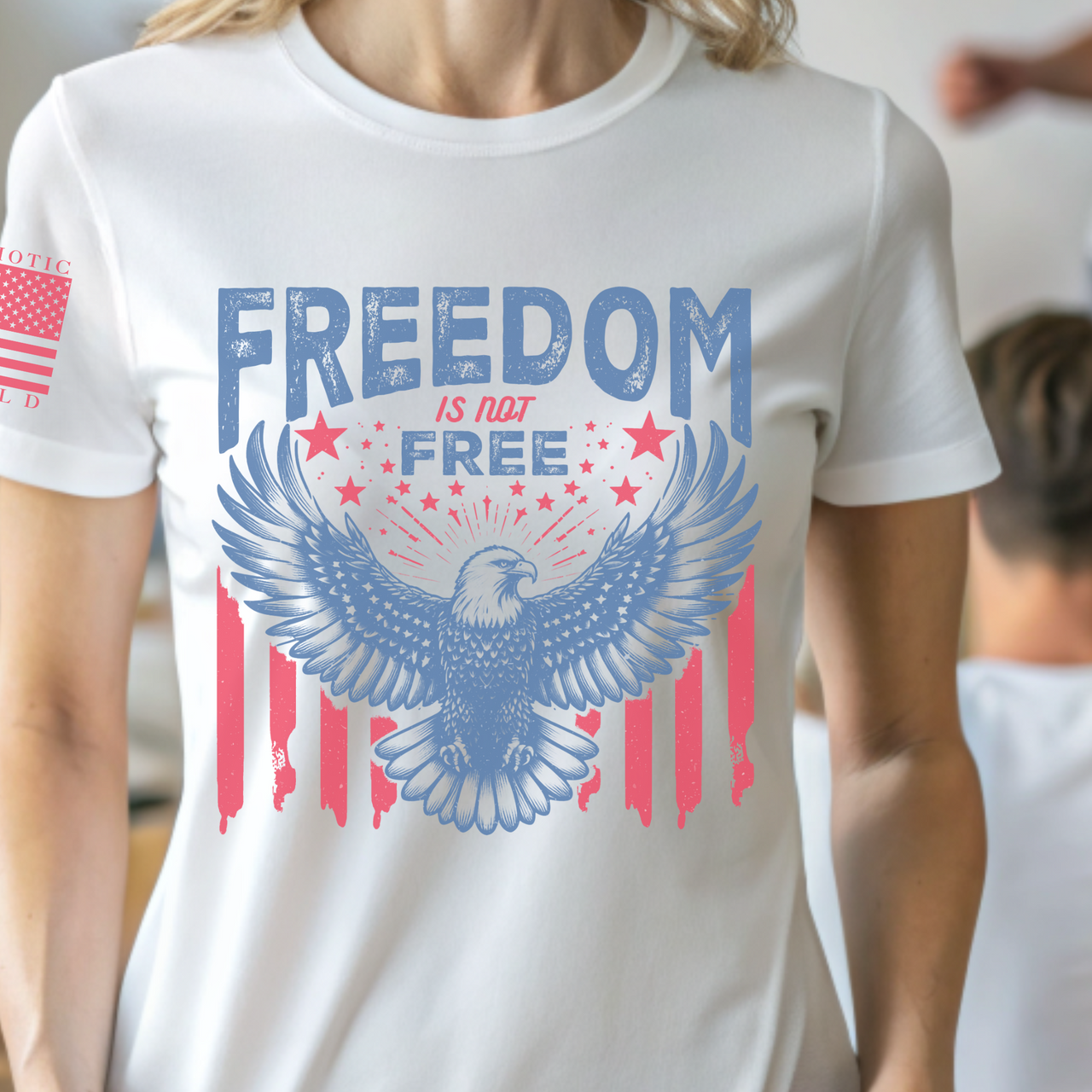 Close-up of Freedom Is Not Free patriotic design on women’s T-shirt