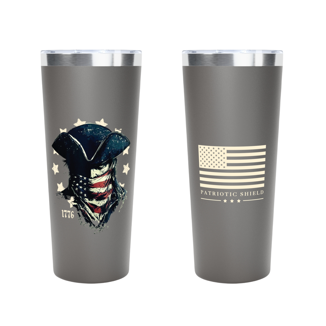  bold patriotic graphics on stainless steel tumbler. grey