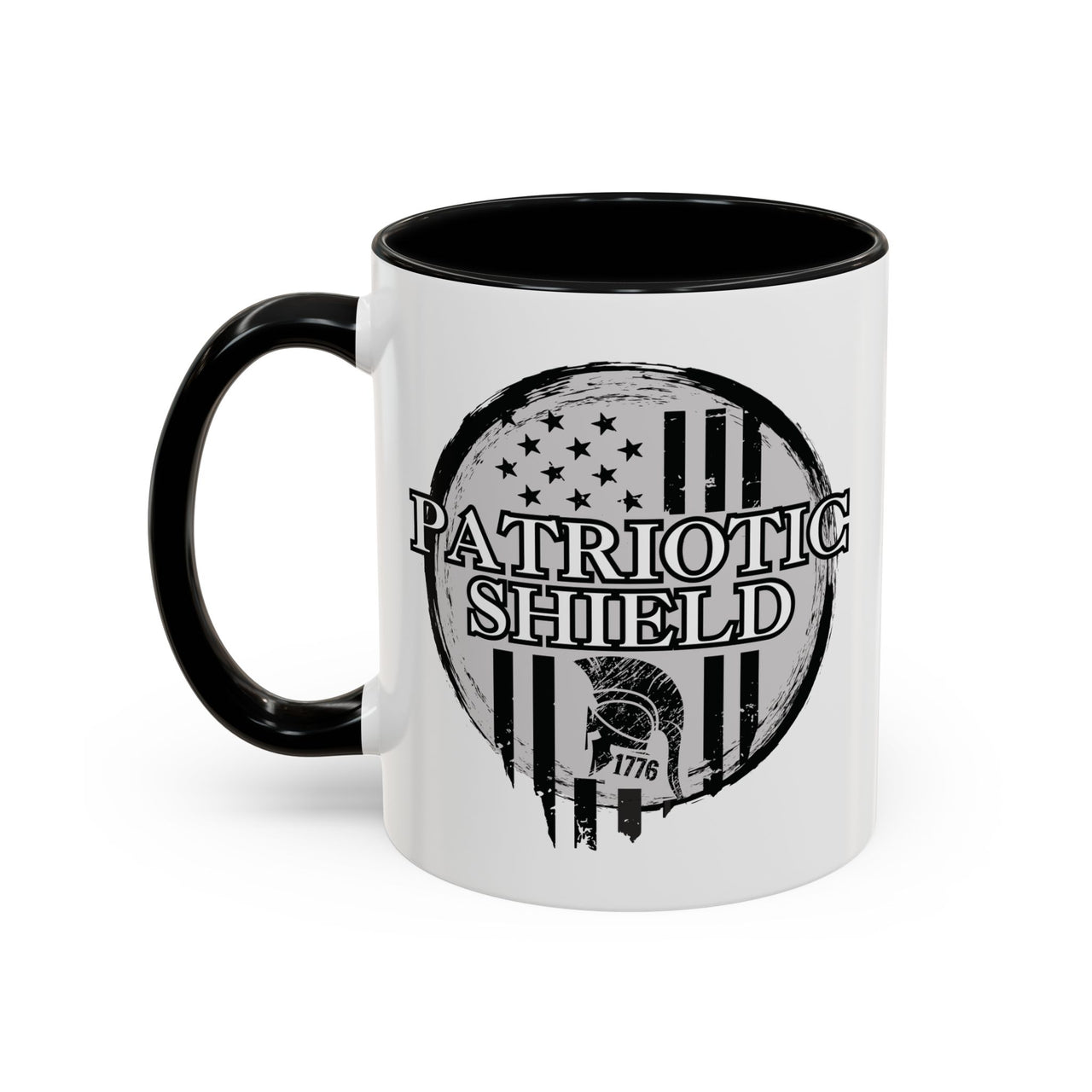 Spartan helmet and shield emblem on ceramic mug