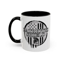Spartan helmet and shield emblem on ceramic mug
