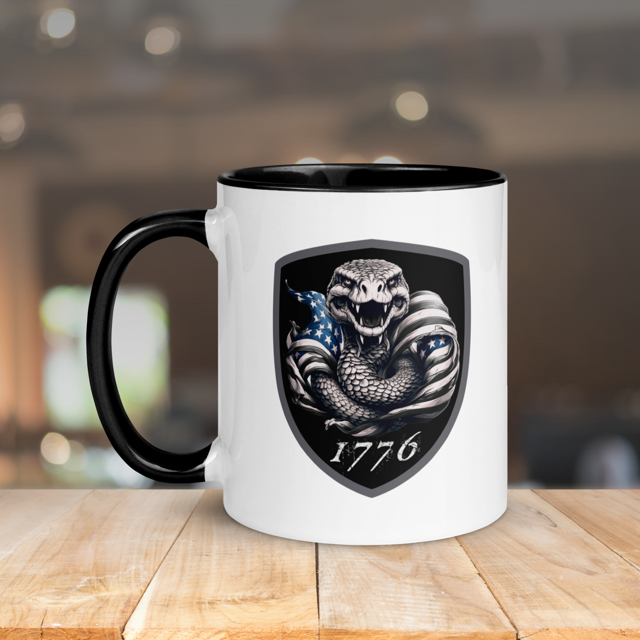 patriotic shield 1776 mug with black inside and black handle
