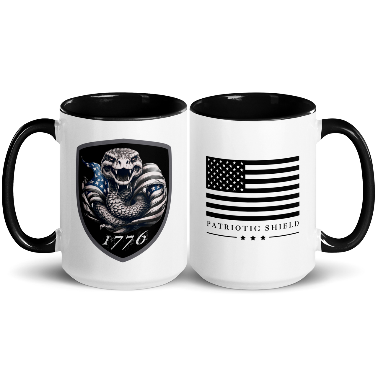 white mug with black handle patriotic shield logo. 15 oz