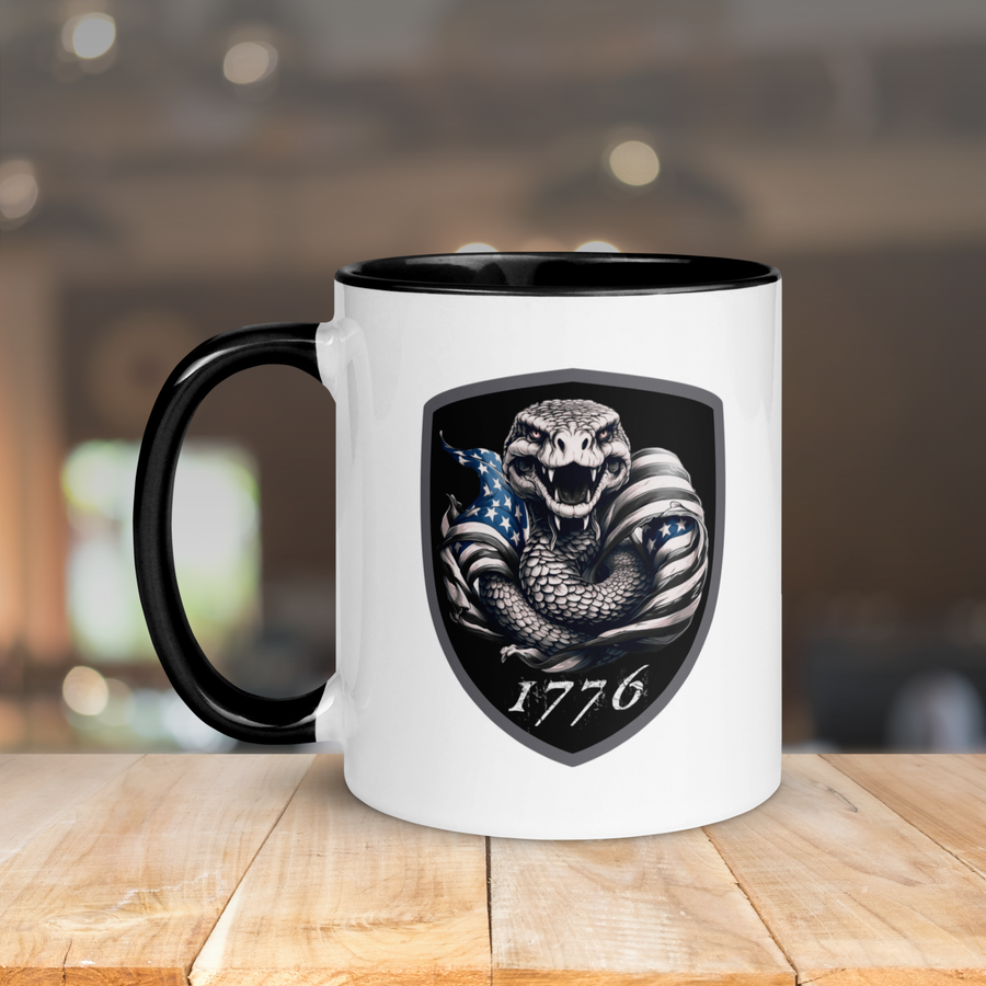 patriotic shield 1776 mug with black inside and black handle