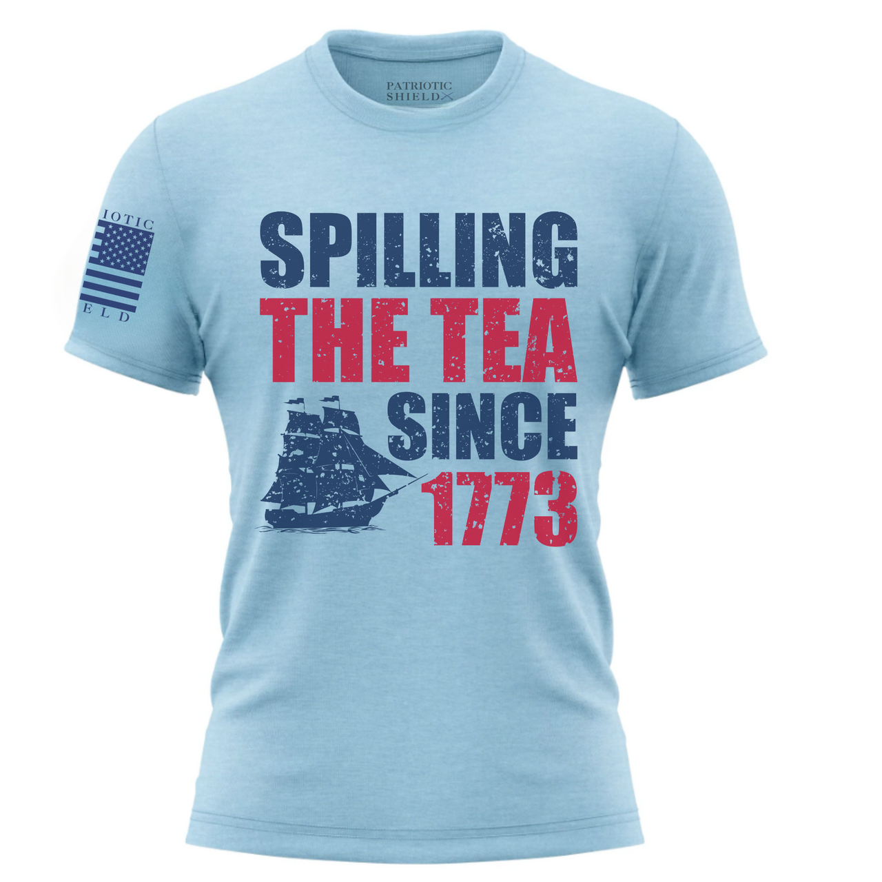 Comfortable and soft Patriotic Tea Party shirt for women patriots. Baby Blue