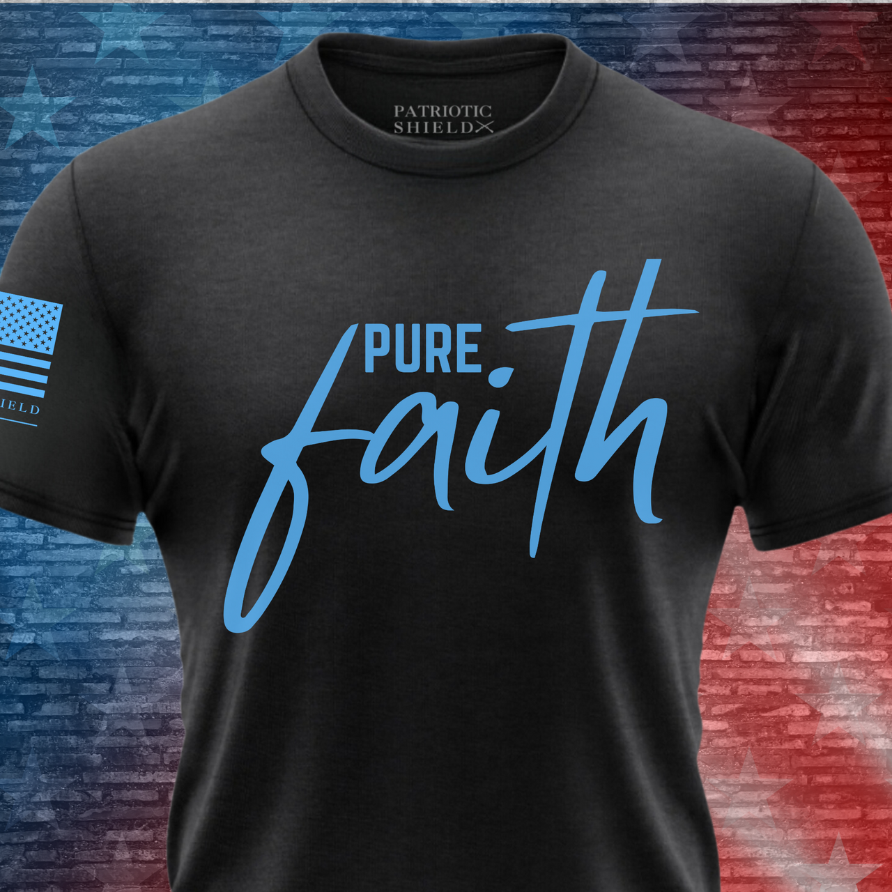Christian-inspired Pure Faith Women's T-Shirt with a modern patriotic vibe.