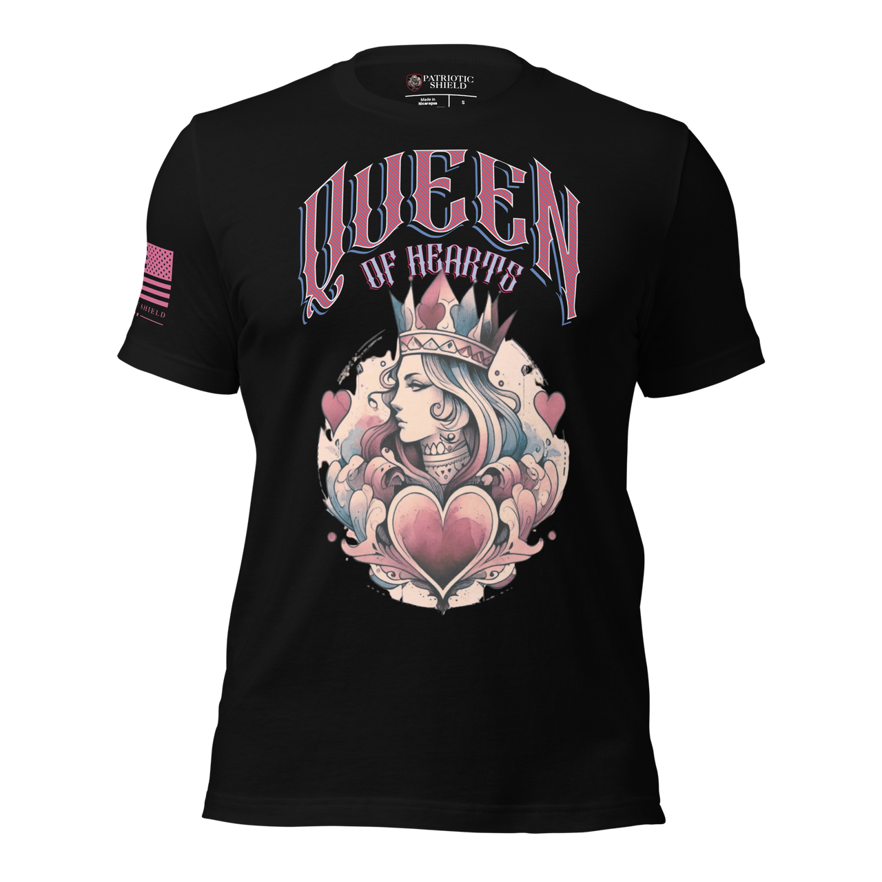 Stylish Women’s Warrior Queen of Hearts T-Shirt Patriotic Shield Apparel. black
