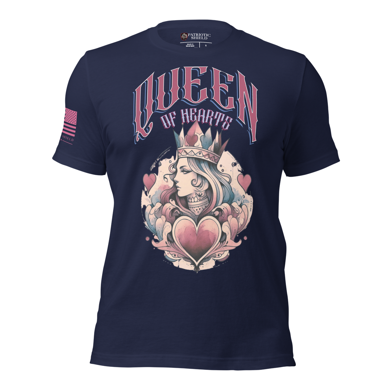 Strong Bold Feminine Queen of Hearts Shirt for Everyday Wear. navy