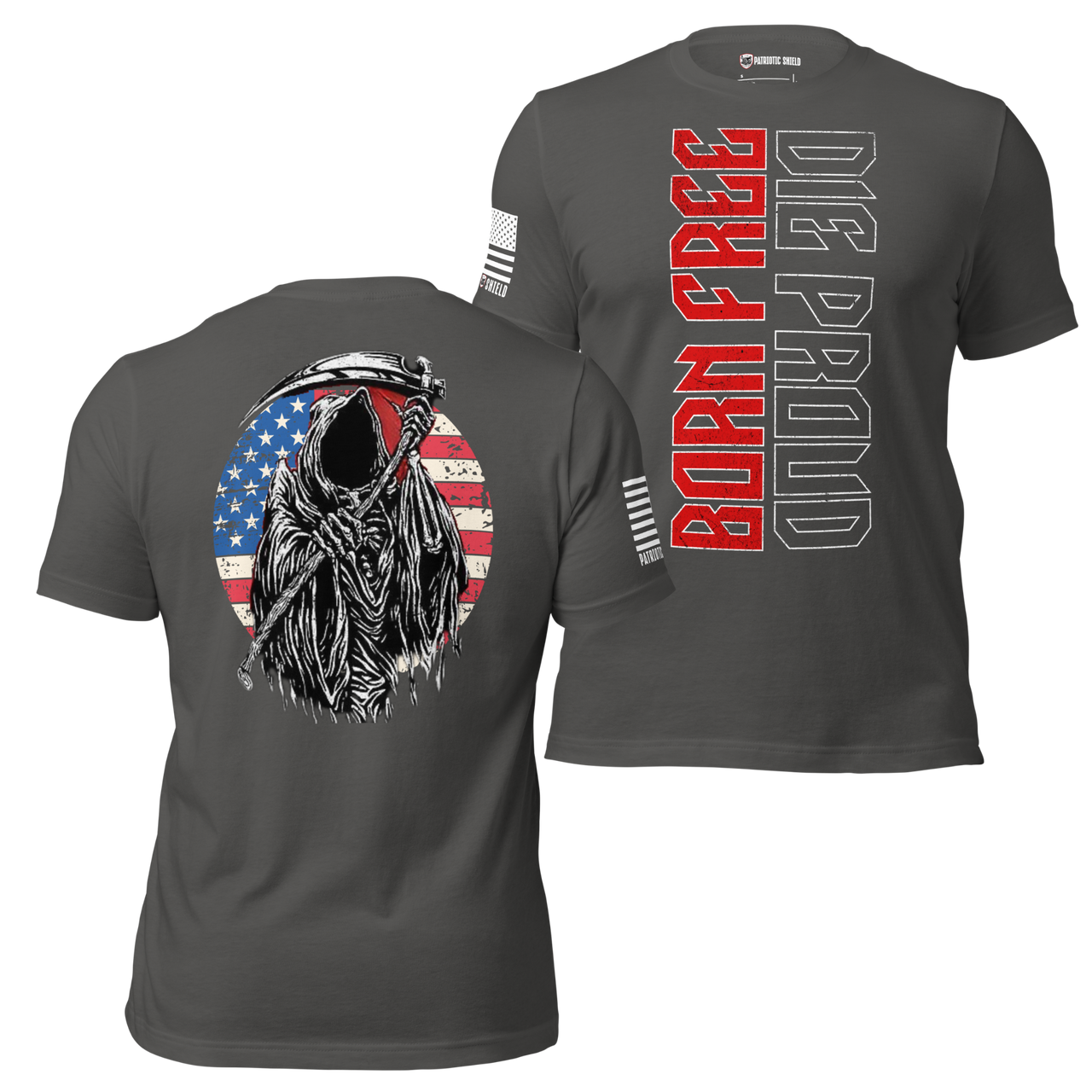 aggressive patriotic design shirt Reapers Rebels Born Free Die Proud USA theme. asphalt