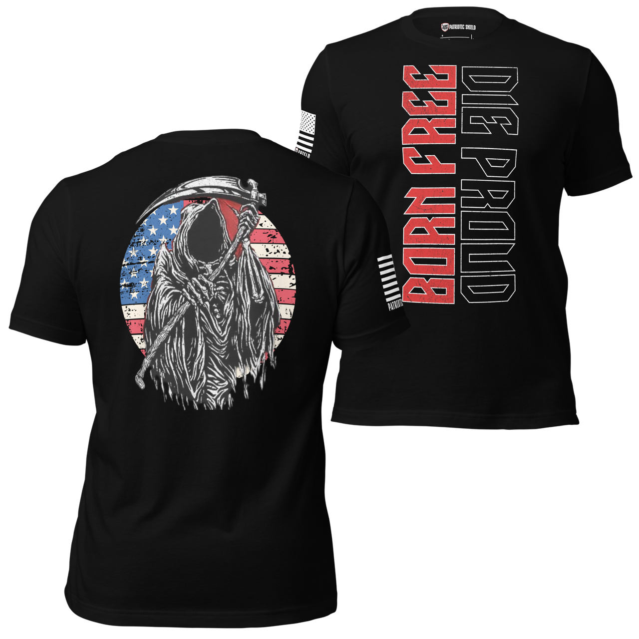 freedom driven American pride tee Born Free Die Proud high detail graphic shirt. black