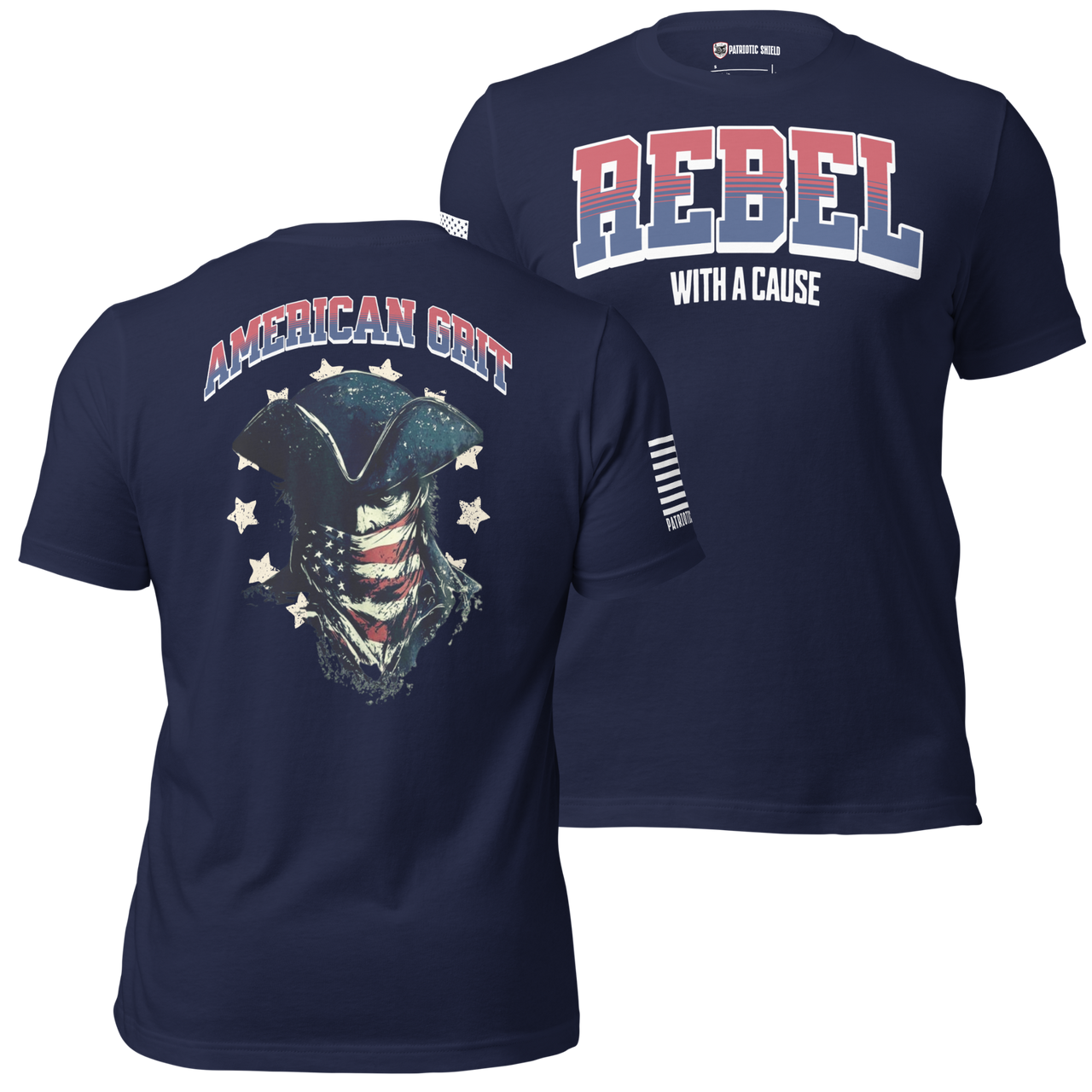 bold American grit design shirt Rebel With a Cause patriotic statement tee. navy