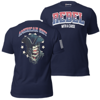bold American grit design shirt Rebel With a Cause patriotic statement tee. navy