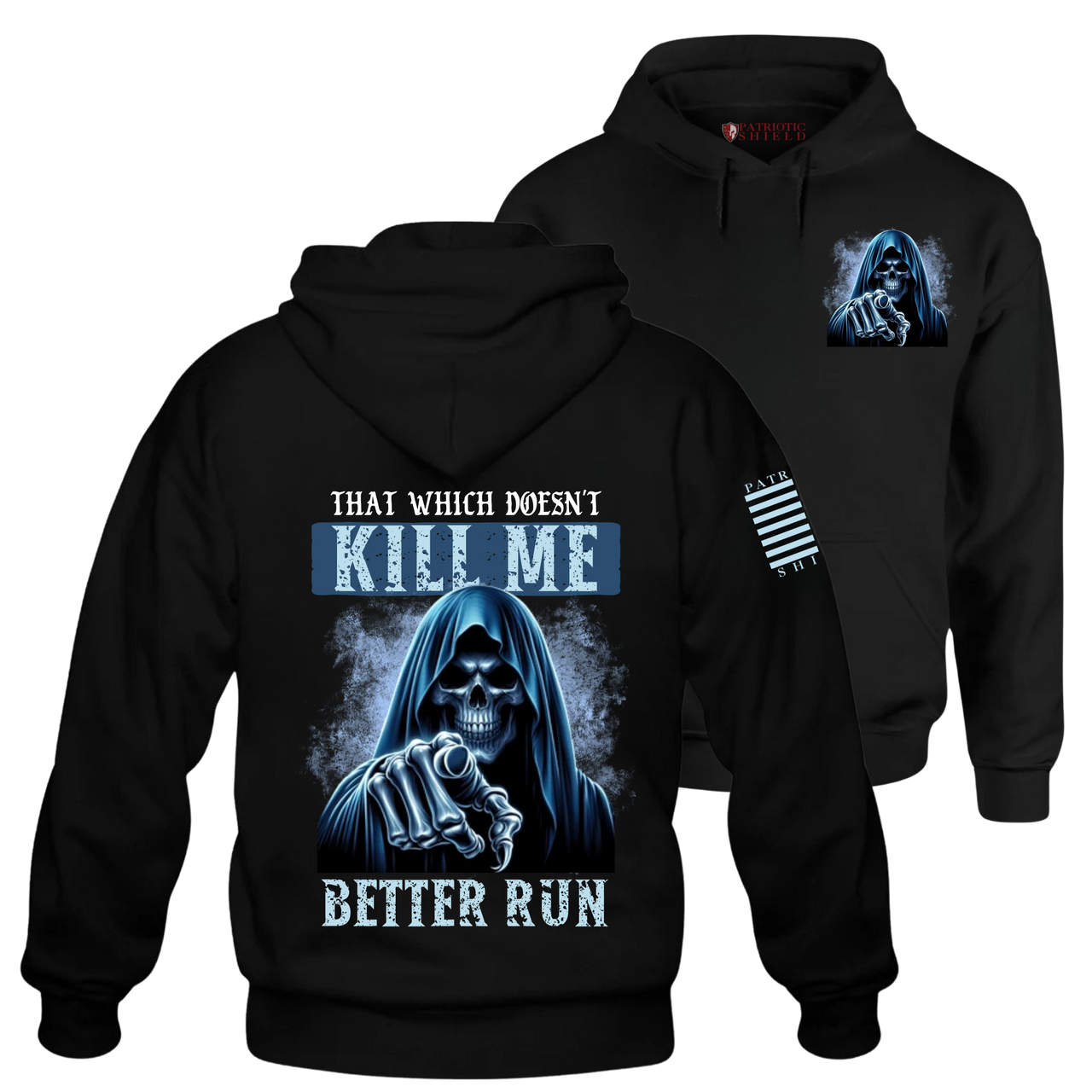 Front and back view of the "Run Fast" Hoodie – perfect for bold, unstoppable warrior souls.