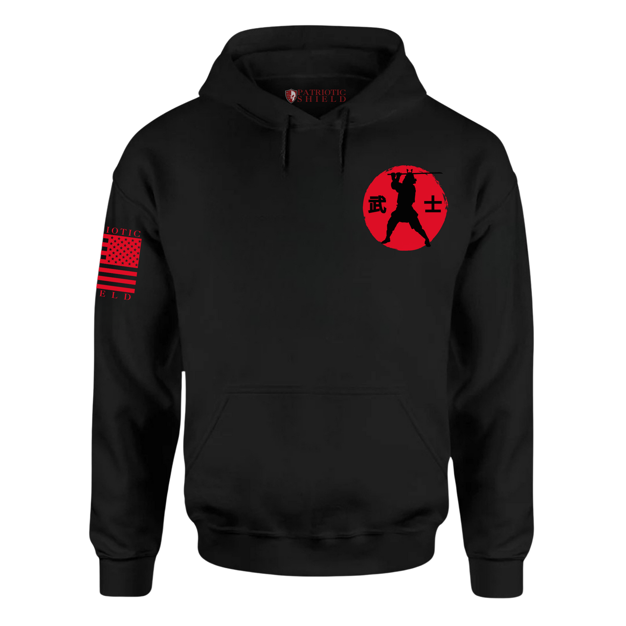 Front view of the Samurai Spirit Hoodie – bold samurai warrior design for resilient everyday warriors.