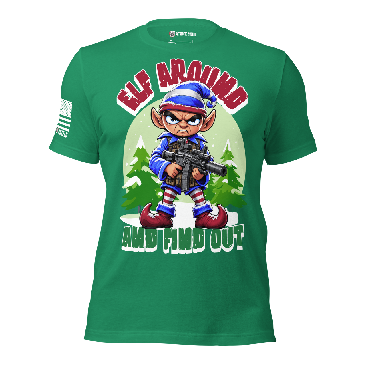 Patriotic Christmas shirt featuring Santa's Bodyguard elf design. kelly