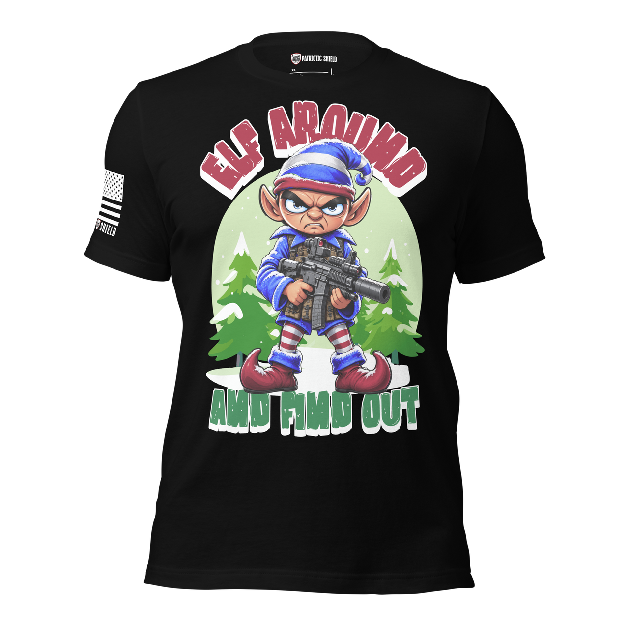 Funny patriotic Christmas elf graphic teefor freedom loving American patriots. black