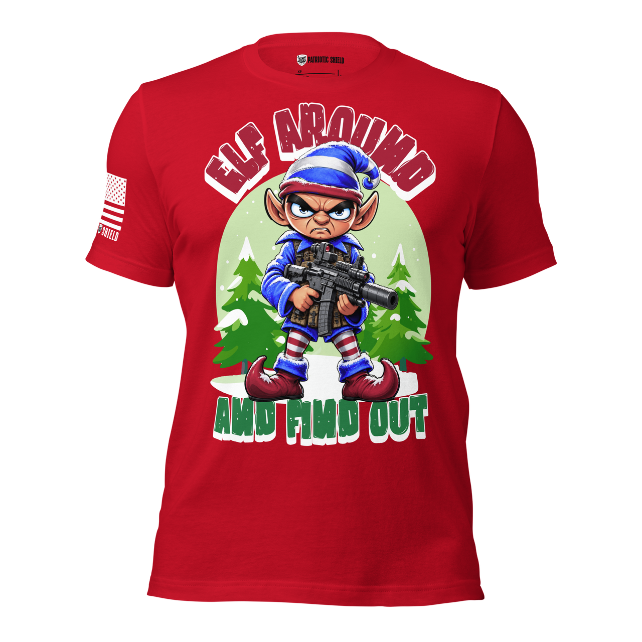 Santa's Bodyguard holiday T-shirt with a patriotic elf design for military and first responders. red