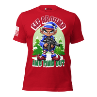 Santa's Bodyguard holiday T-shirt with a patriotic elf design for military and first responders. red