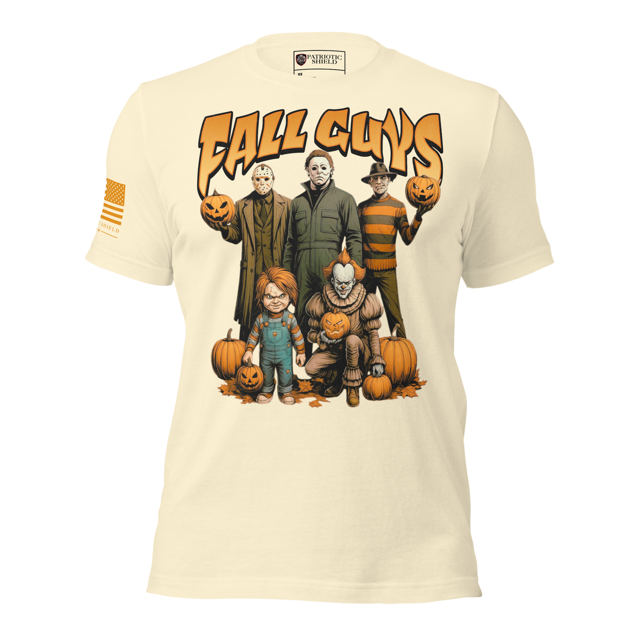 fall guys monster t-shirt with american flag for halloween parties. natural