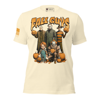 fall guys monster t-shirt with american flag for halloween parties. natural