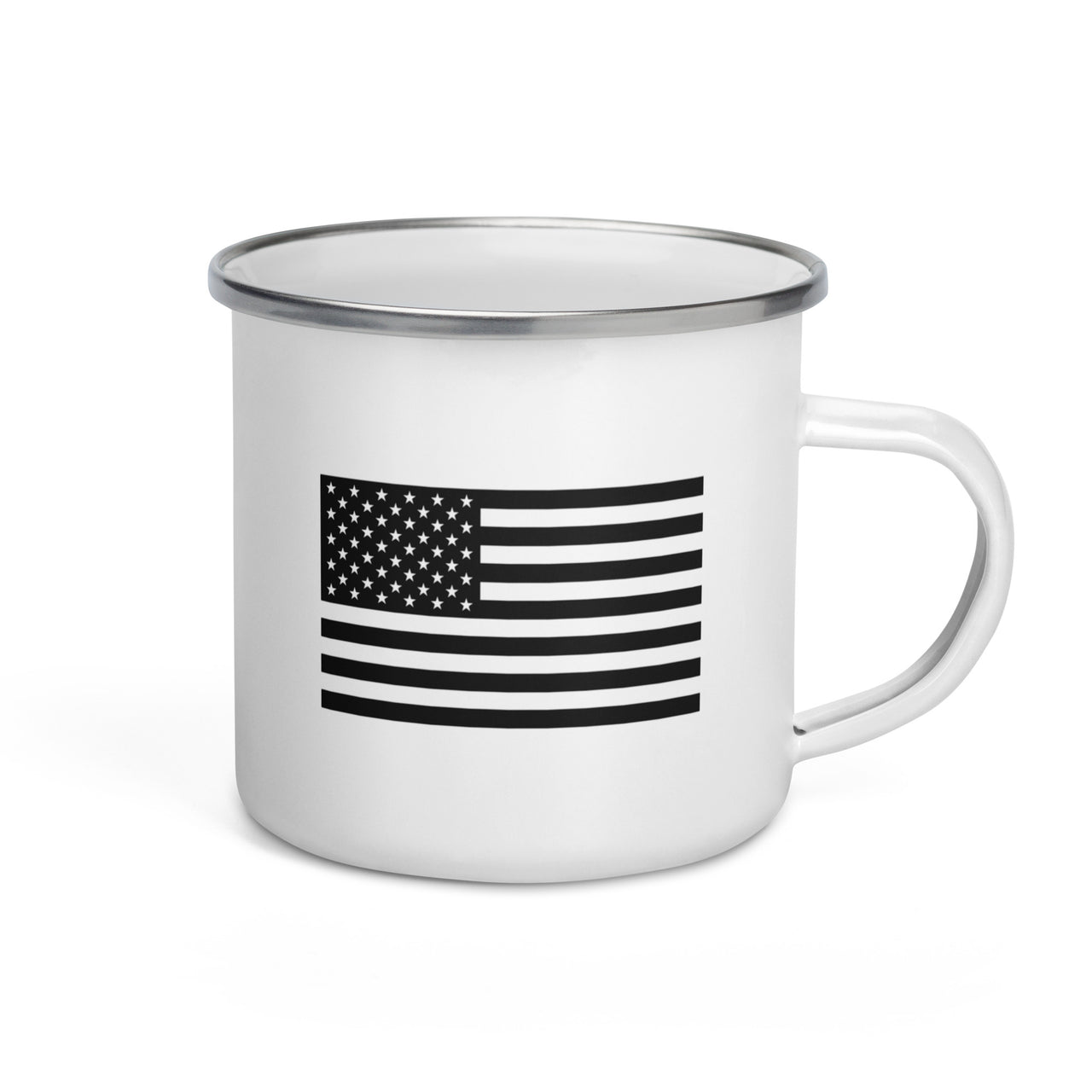 12oz enamel coffee mug with Patriotic Shield logo, honoring past and present military heroes