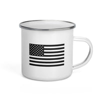 12oz enamel coffee mug with Patriotic Shield logo, honoring past and present military heroes