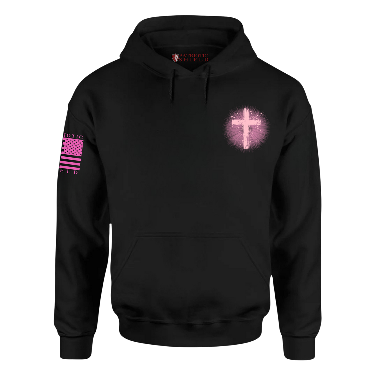 Front view of the Shield Maiden Warrior Hoodie – a bold, faith-inspired design with a glowing pink cross for strong women.