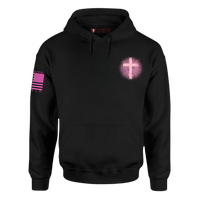 Thumbnail for Front view of the Shield Maiden Warrior Hoodie – a bold, faith-inspired design with a glowing pink cross for strong women.