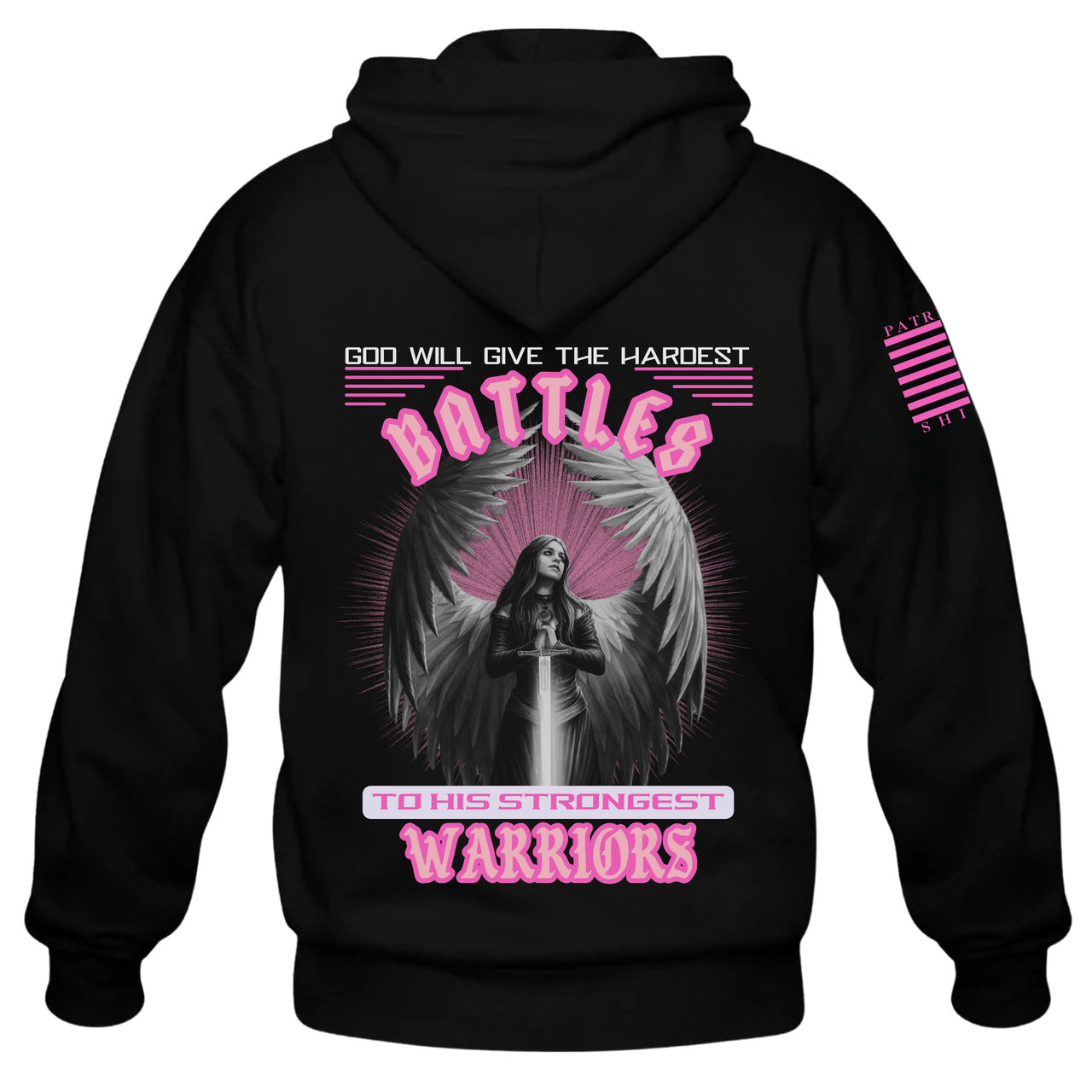 Back view of the Shield Maiden Warrior Hoodie – showcasing a striking warrior graphic with the saying - God will give his hardest battles to his strongest warriors.