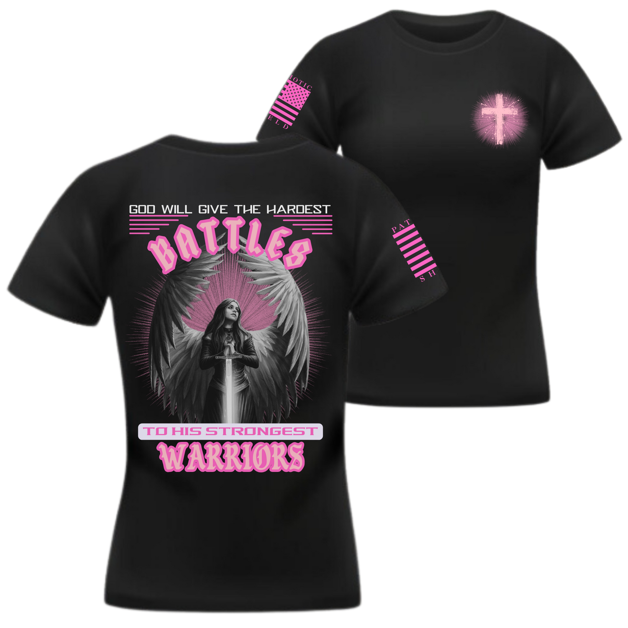 Stand tall in faith with the Shield Maiden Warrior T-Shirt - faith based apparel. Black