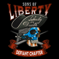 Graphic design with skull, American flag, and text 'Sons of Liberty, Liberty or Death, Defiant Chapter' on a black background.