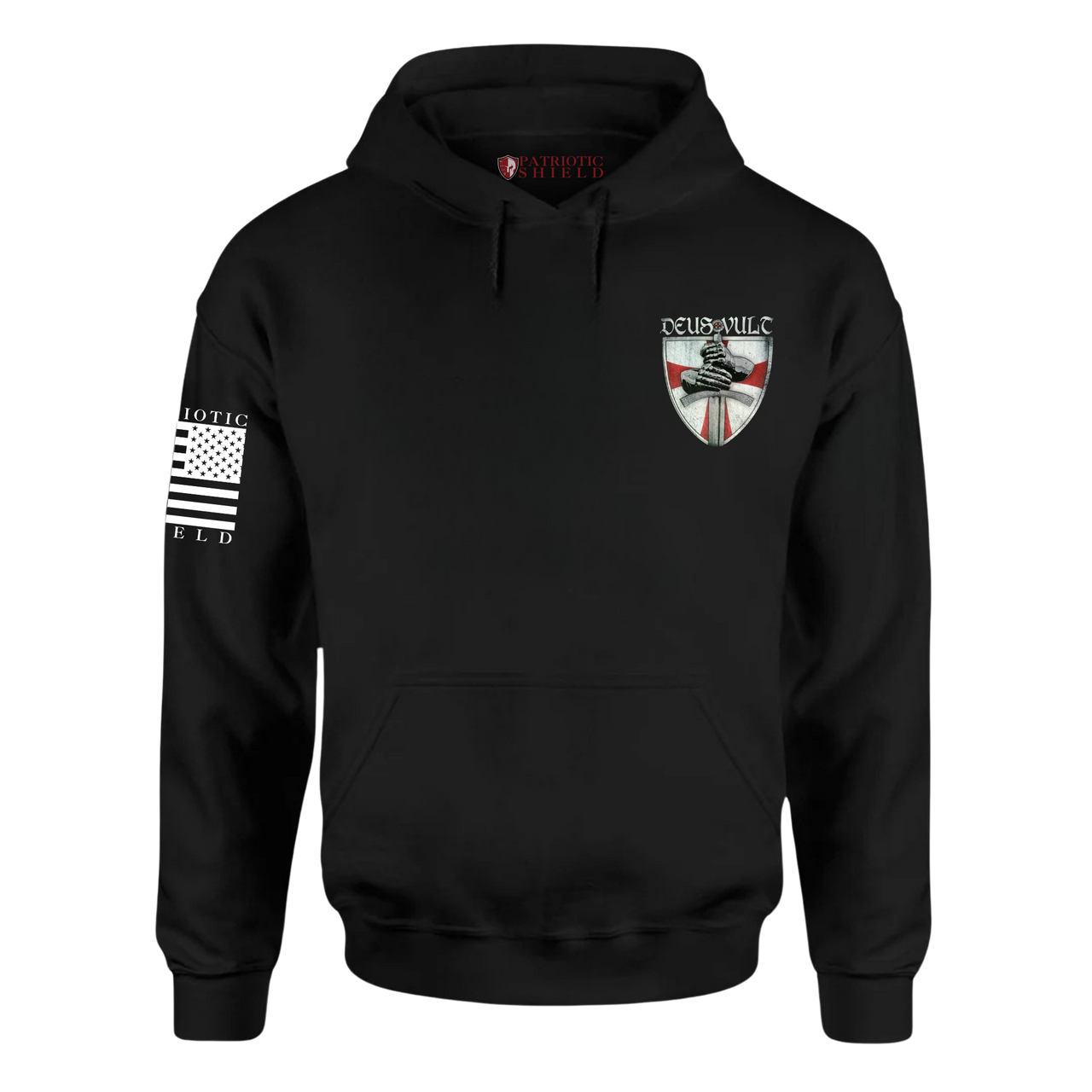 Front view of the "Stand with God Hoodie" – a bold statement of faith and strength showcasing a crusader shield and sword on the chest. Perfect for the warriors who always stand their ground.