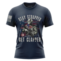 Thumbnail for Bold patriotic Statement Tee for Gun Owners – Stay Strapped or Get Clapped. Navy blue