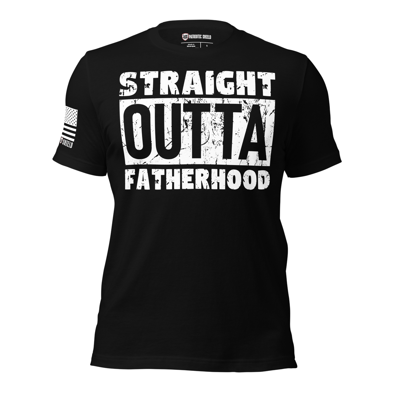 Black and white Straight Outta Fatherhood graphic tee for the freedom loving dads