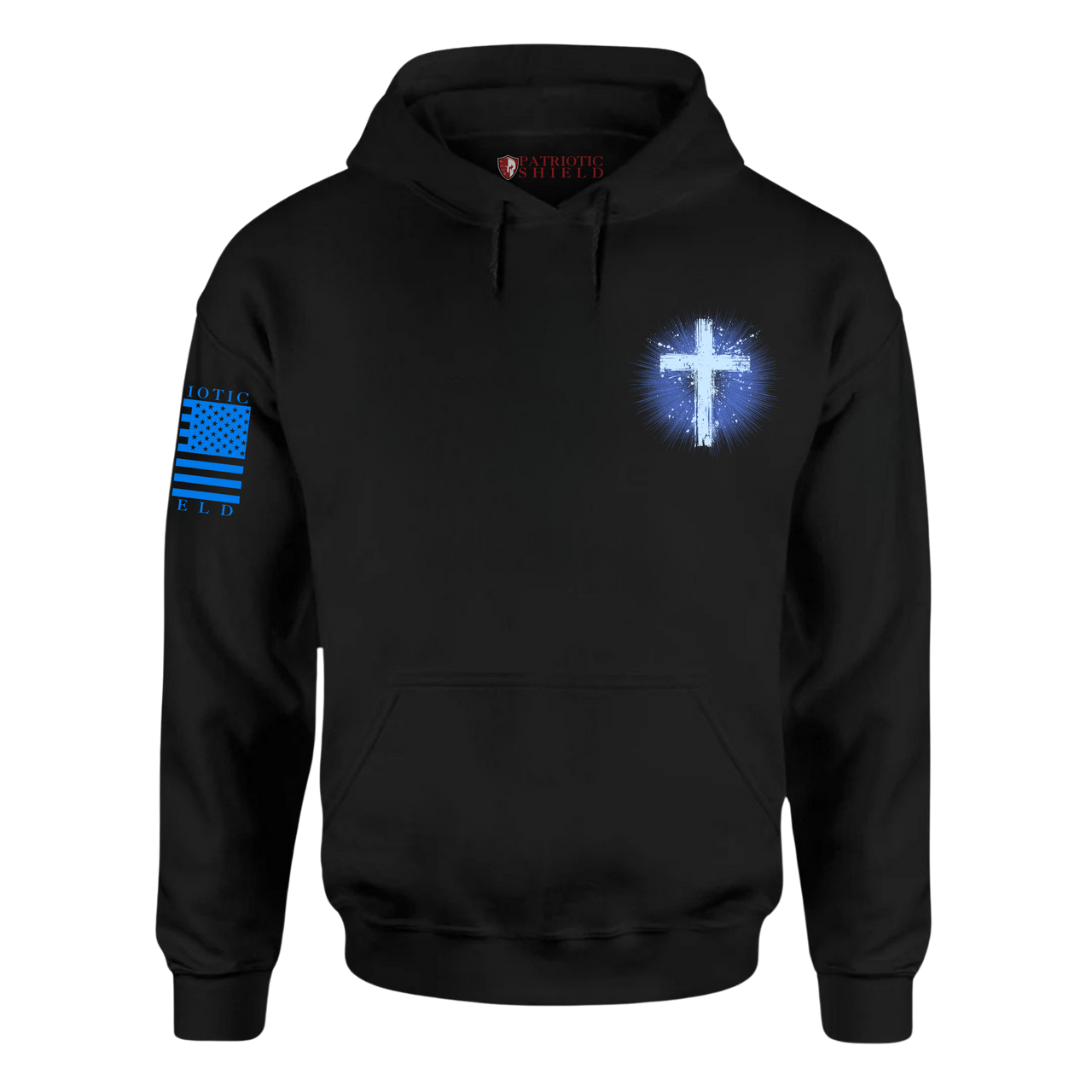 Bold design with a powerful message of faith and resilience with a glowing blue cross on the chest.