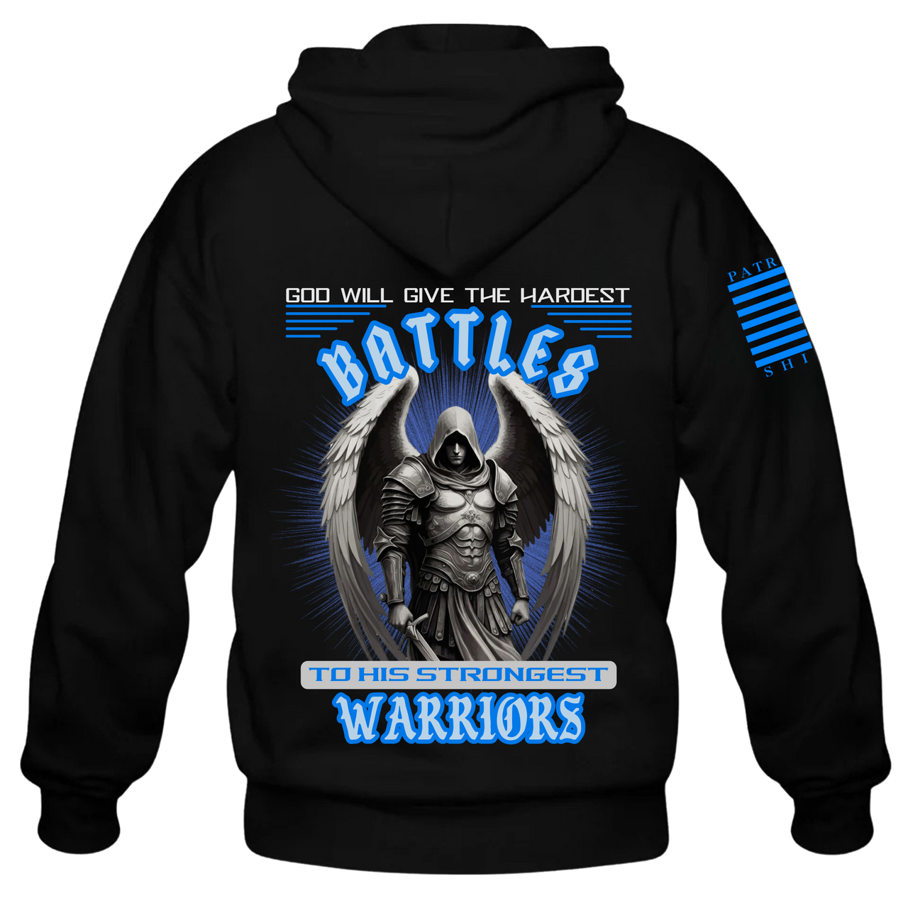 Back view of the showcasing a warrior of faith with the saying "God Gives His Hardest Battles to His Strongest Warriors" 