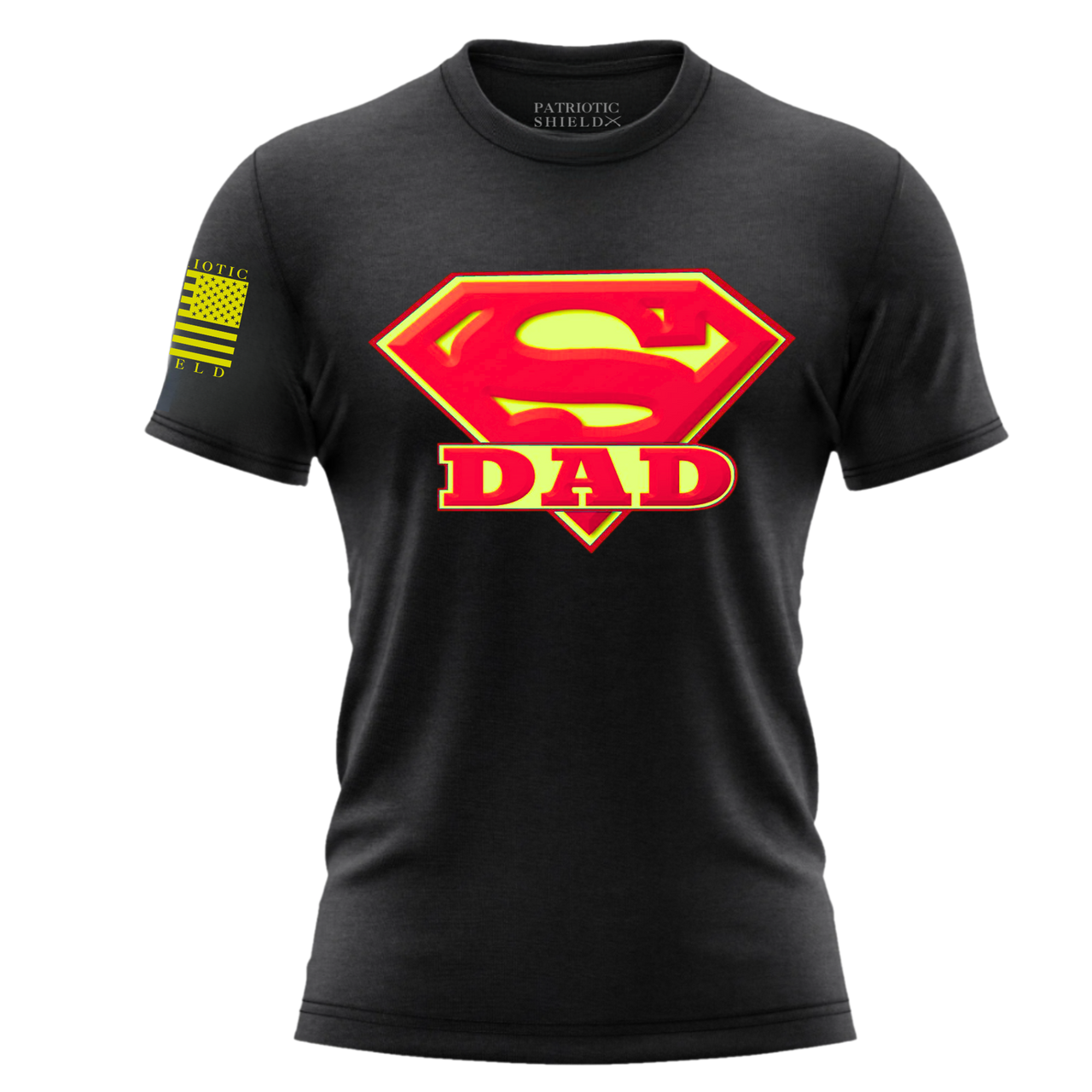 Superdad shirt with Superman-style "S" logo and american flag