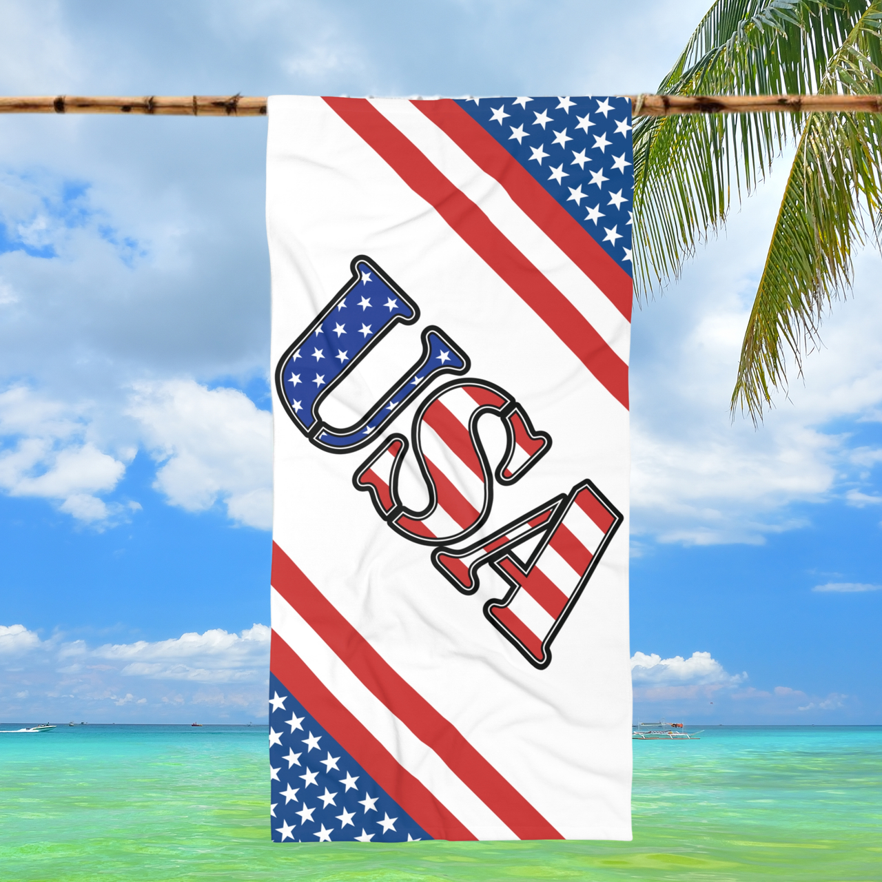 USA patriotic beach towel with red white and blue American flag design