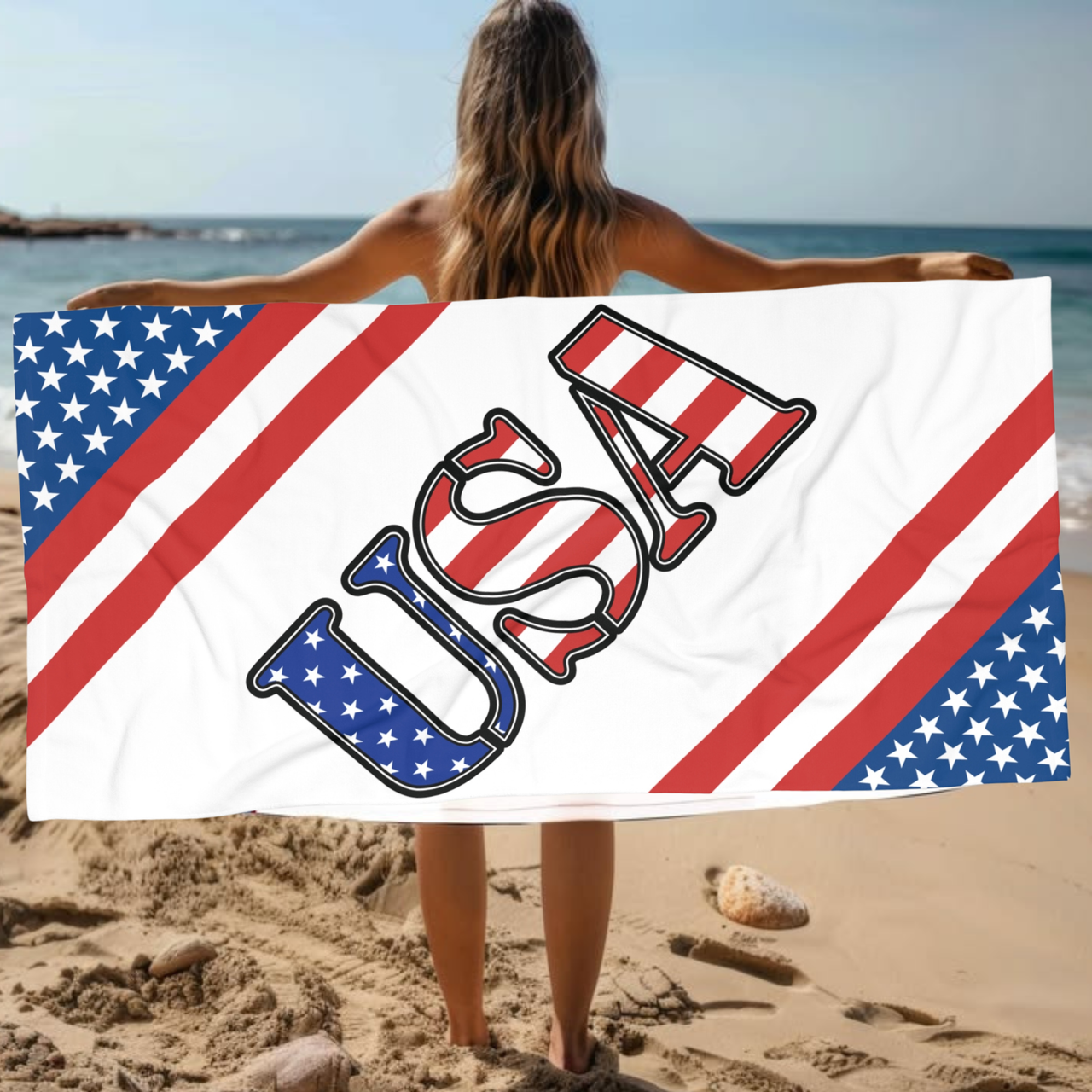oversized 30x60 USA beach towel for Fourth of July beach and pool days